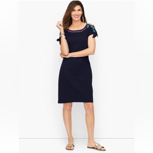 Talbots Nantucket Slub Knit Embroidered Shift Dress Navy Size LP - Picture 1 of 9
